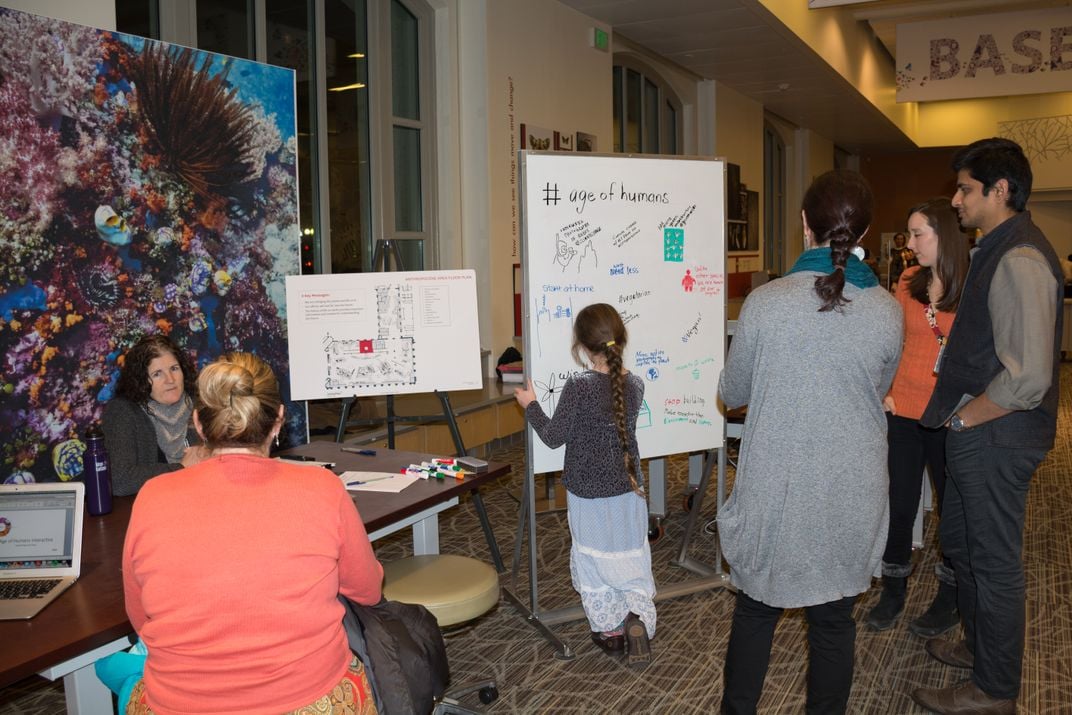 Siobhan Starrs testing "Deep Time" exhibit concepts with visitors at the Smithsonian's National Museum of Natural History